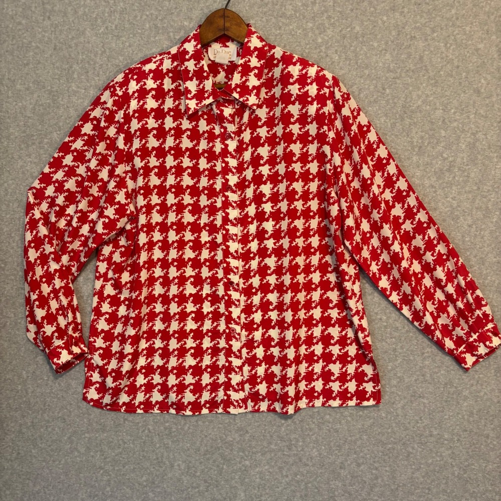Vintage‎ 80s Da-Rue of California Red Houndstooth Blouse Women's 16 Button Down